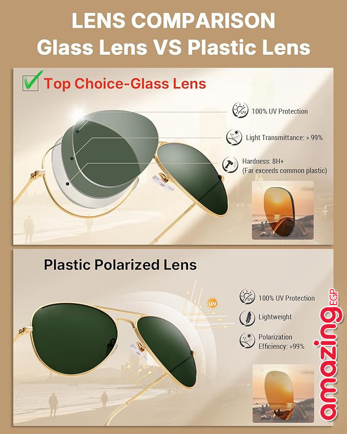نظارات شمسية Aviator كلاسيكية بإطار ذهبي وعدسات Crystal Green زجاجية – حماية UV100% – للرجال والنساء