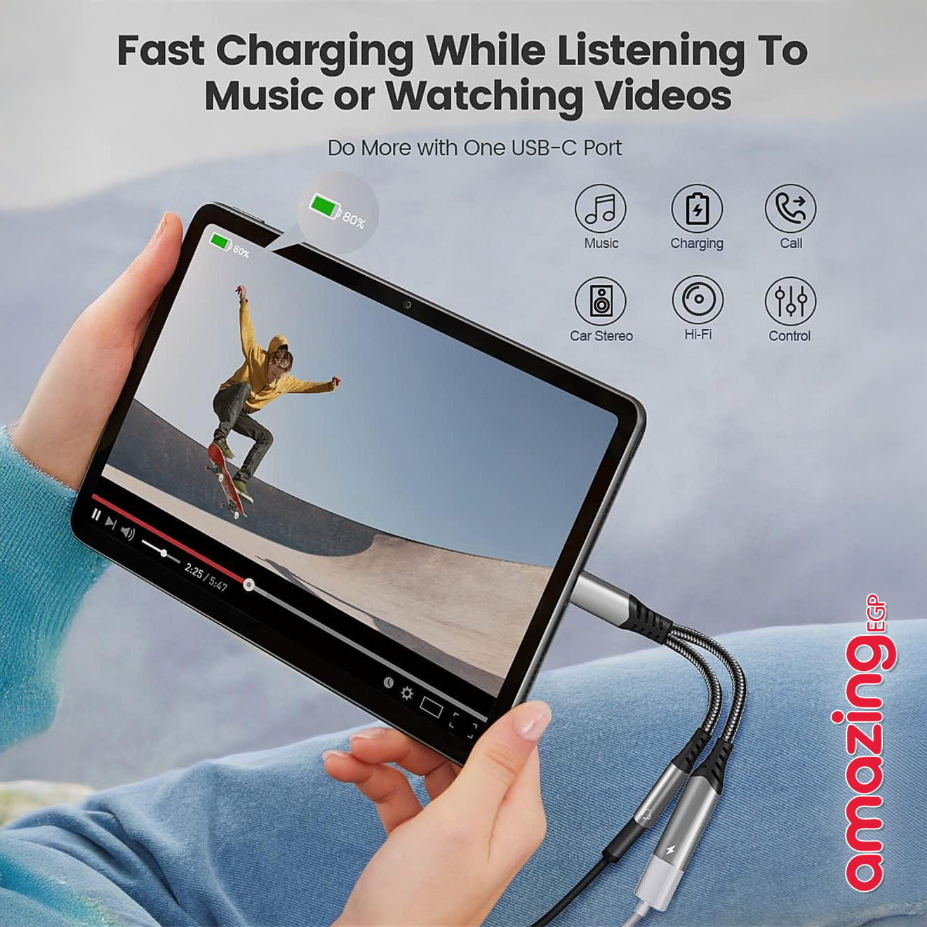 محول USB-C إلى 3.5 مم مع شحن سريع PD 60W – استماع للموسيقى مع الشحن في نفس الوقت (2 في 1) | رمادي