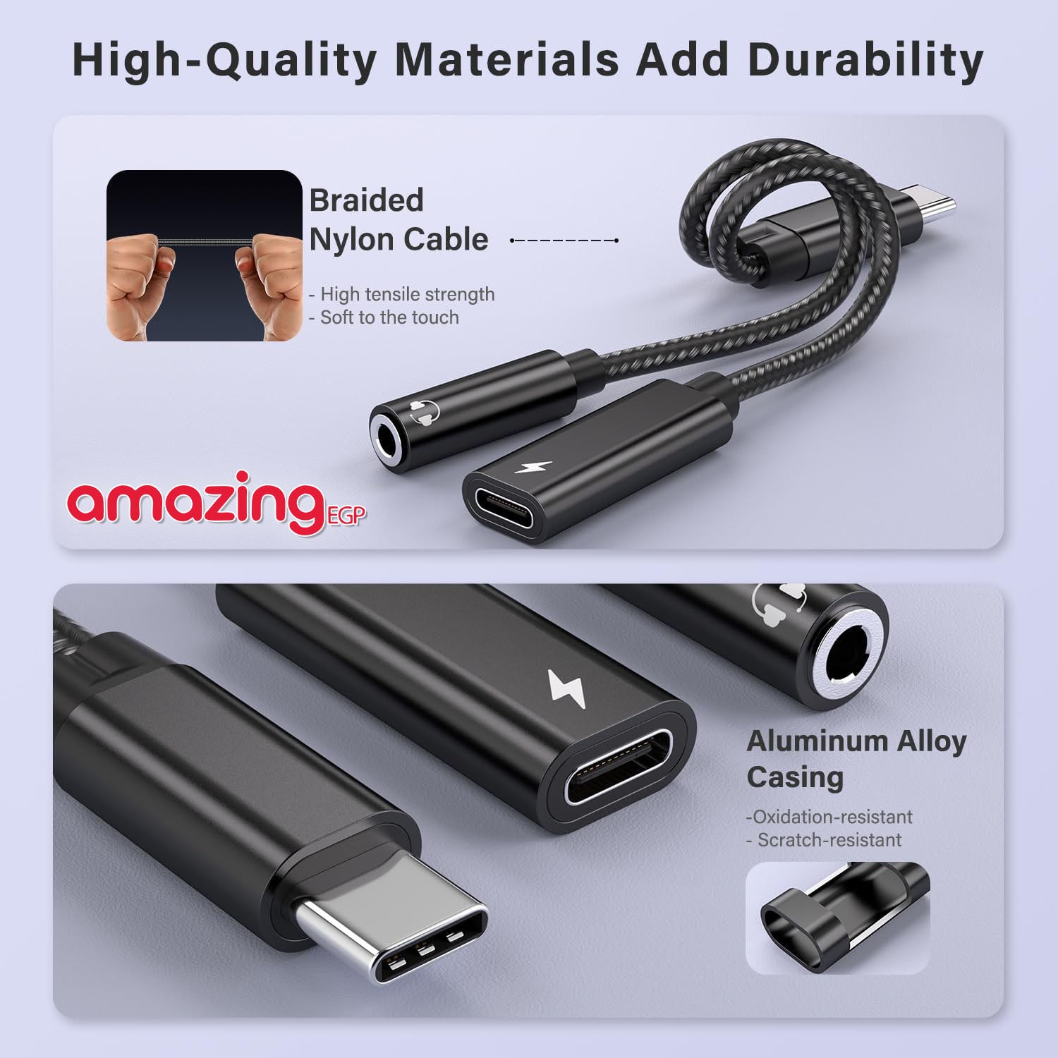 محول USB-C إلى 3.5 مم مع شحن سريع PD 60W – استماع للموسيقى مع الشحن في نفس الوقت (2 في 1) | أسود