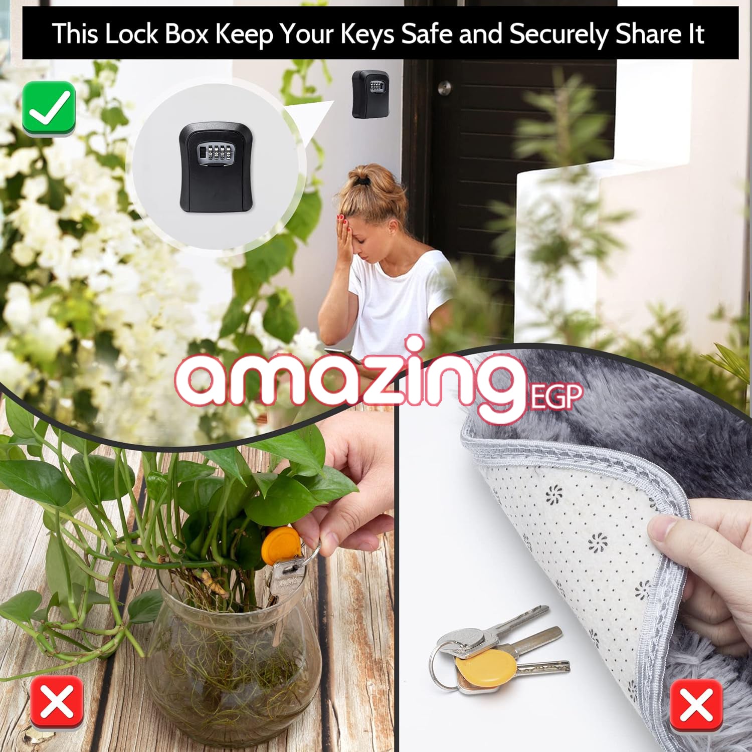 صندوق قفل للمفاتيح خزنة معدنية للمفاتيح بقفل من 4 ارقام للاستخدام في الاماكن الخارجية يثبت على الحائط لمفاتيح المنزل - معدن بالكامل [اسود]