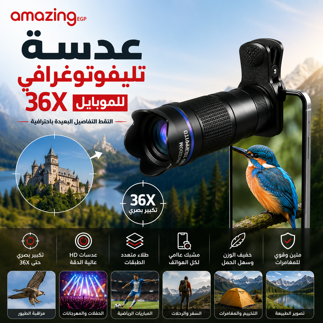 عدسة تليفوتوغرافي 36X للموبايل HD – منظار أحادي احترافي للهواتف الذكية مع مشبك تثبيت عالمي لتصوير المسافات البعيدة
