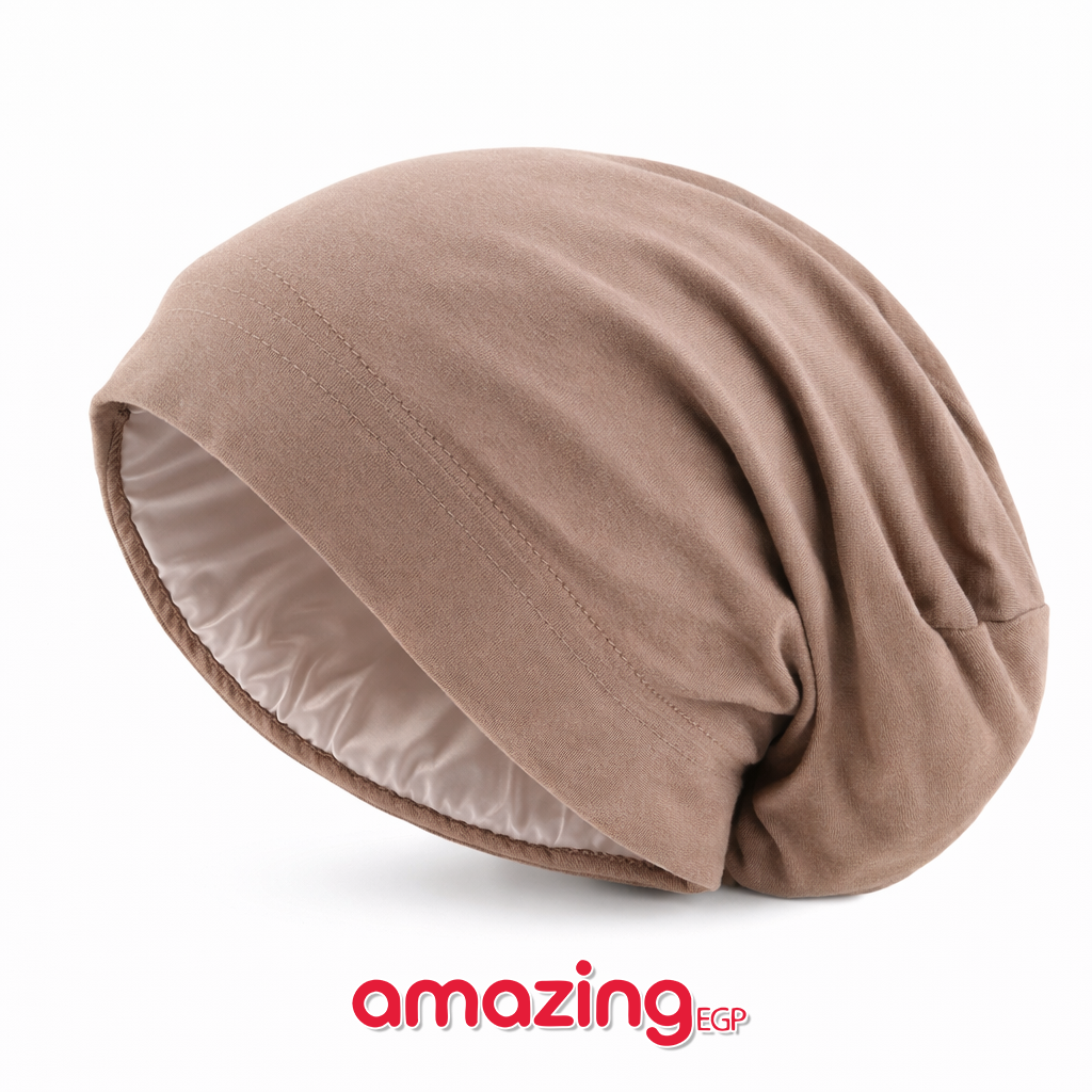 قبعة نوم حريرية للشعر المجعد (سيلك بونيه) – ساتان حريري مزدوج الطبقات لحماية الشعر أثناء النوم (لون بيج)