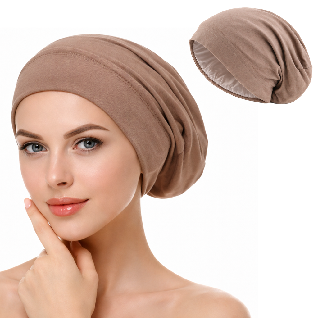 قبعة نوم حريرية للشعر المجعد (سيلك بونيه) – ساتان حريري مزدوج الطبقات لحماية الشعر أثناء النوم (لون بيج)