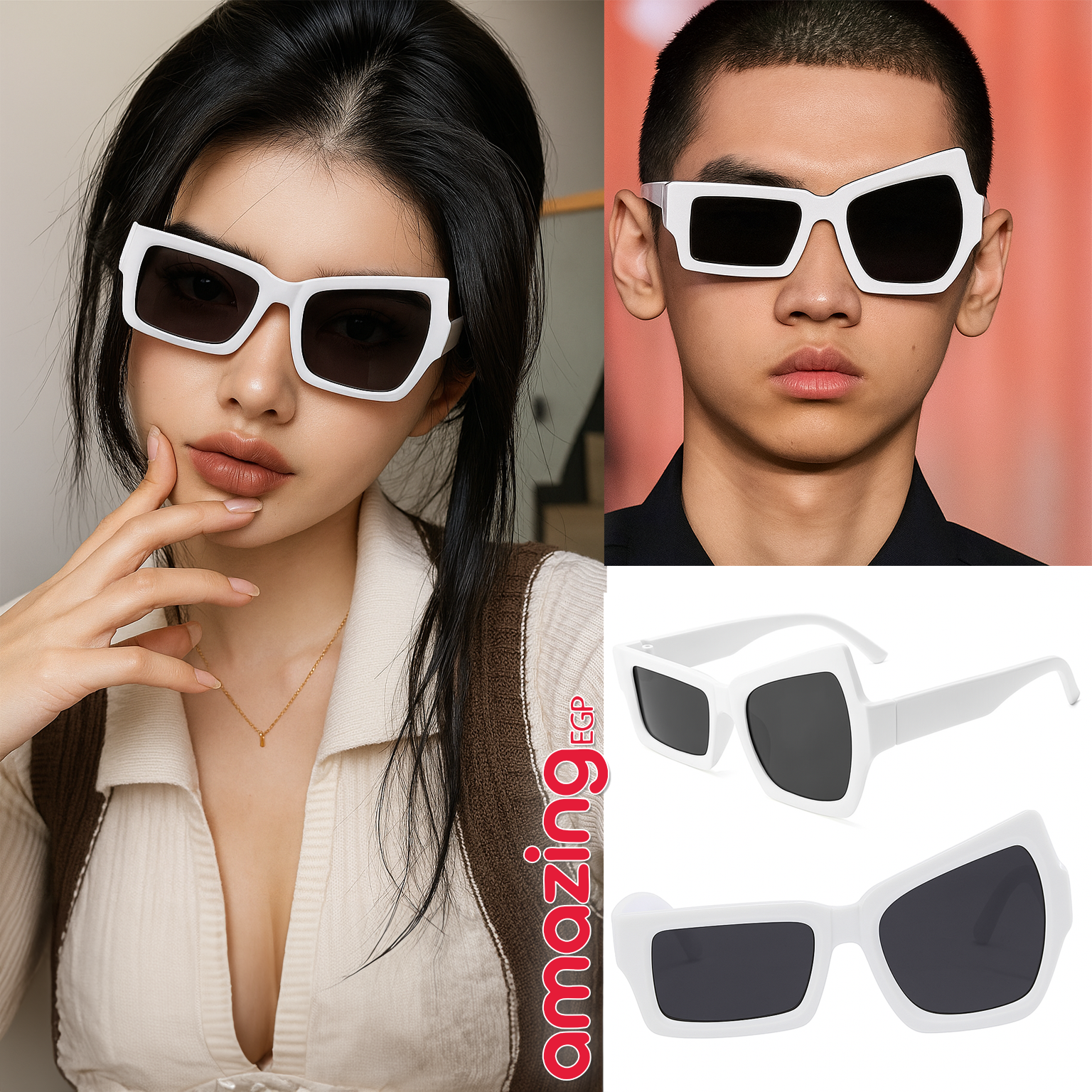 نظارة مربّعة غير متماثلة – أبيض أوفر سايز | تصميم فريد ستيمبانك/حفلات مصممة بشكل أنيق، نظارات شمسية كبيرة الحجم باللون الأبيض للنساء و الرجال، نظارات ستيم بانك فريدة