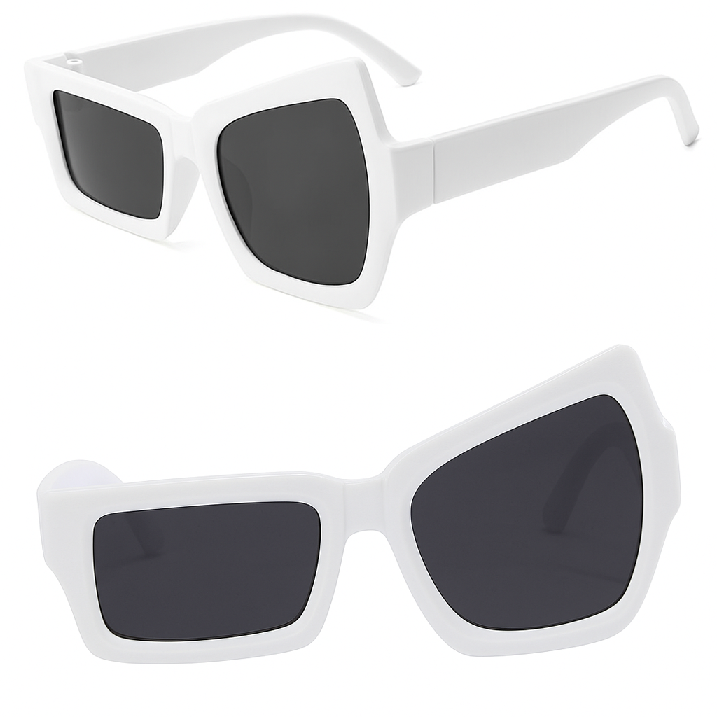 نظارة مربّعة غير متماثلة – أبيض أوفر سايز | تصميم فريد ستيمبانك/حفلات مصممة بشكل أنيق، نظارات شمسية كبيرة الحجم باللون الأبيض للنساء و الرجال، نظارات ستيم بانك فريدة