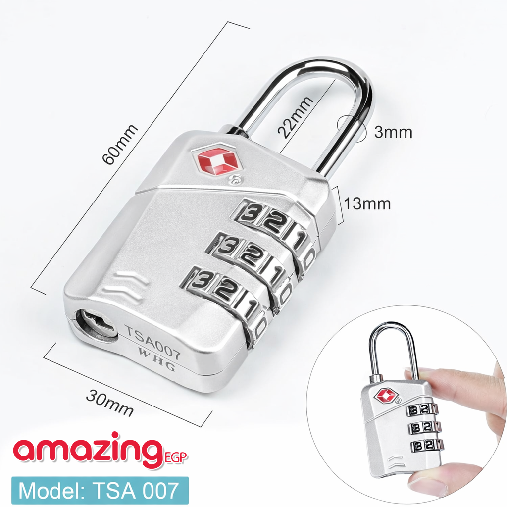 قفل لشنط اليد وشنط السفر والحقائب والشنط بسوستة من اكسبون متوافق مع نظام حماية TSA  تي اس ايه مزود بـ 3 اقراص رقمية - سيلفير