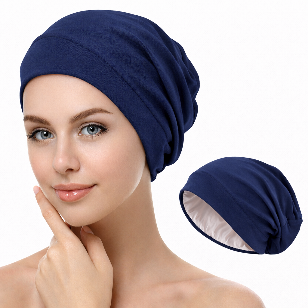 قبعة نوم حريرية للشعر المجعد من سيلك بونيه، قبعة شعر حريرية للنوم للشعر المجعد مزود بطبقة من الساتان الحريري للنوم اثناء النوم والغسيل والمكياج والرياضة - كحلى