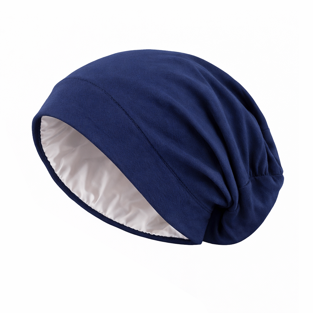 قبعة نوم حريرية للشعر المجعد من سيلك بونيه، قبعة شعر حريرية للنوم للشعر المجعد مزود بطبقة من الساتان الحريري للنوم اثناء النوم والغسيل والمكياج والرياضة - كحلى