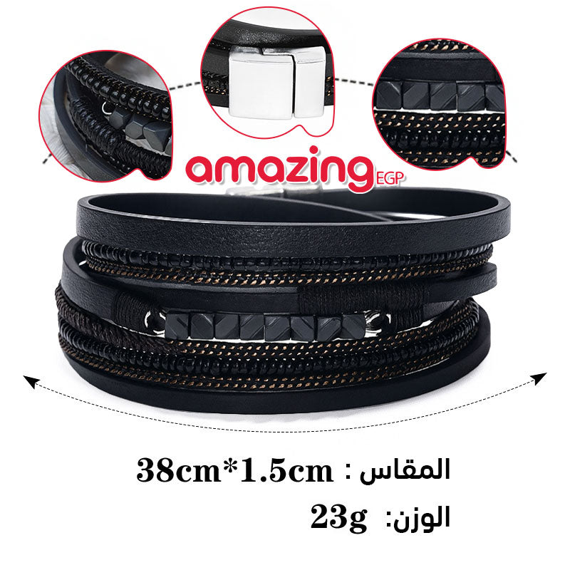 سوار للجنسين إسورة مضفرة بجلد طبيعي فاخر للرجال والنساء اساور يد محظوظ أسورة منسوجة زخرفة اليدوية جلد طبيعي -اسود