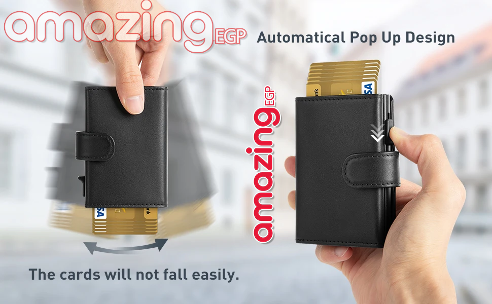 محفظة بطاقات جلد طبيعي رفيعة منبثقة مع حجب RFID وجيب عملات – محفظة ذكية نحيفة ورفيعة، تصميم بسيط بسعة7 بطاقة | اسود (MW1028-1)