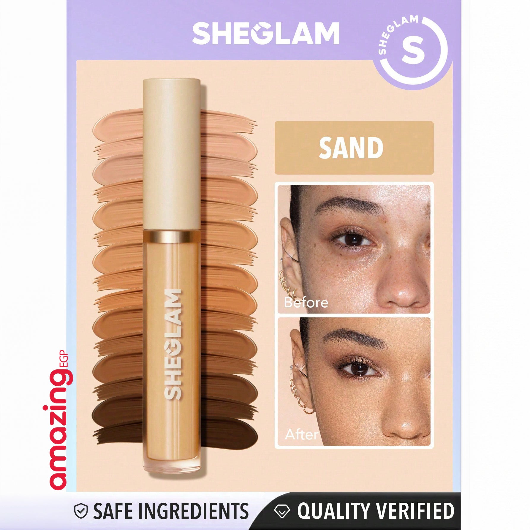 SHEGLAM  كريم أساس  عالي التغطية  الكونسيلر السائل غير اللامع تصحيحا للون يدوم طويلا ويزيد من إشراقته وترطيبا خفيفا طوال اليوم يدوم طويلا لتغطية البقع الداكنة والهالات تحت العين - Sand | SHEGLAM shein ايشادو جليتر حاجب حواجب شى ان شى كلام شي ان شي جلام ظل