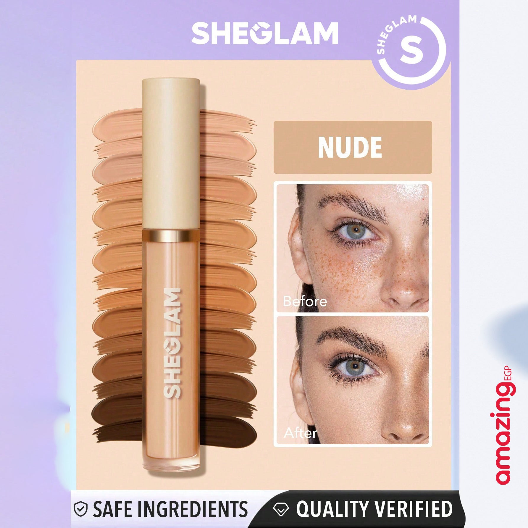 SHEGLAM  كريم أساس  عالي التغطية  الكونسيلر السائل غير اللامع تصحيحا للون يدوم طويلا ويزيد من إشراقته وترطيبا خفيفا طوال اليوم يدوم طويلا لتغطية البقع الداكنة والهالات تحت العين - NUDE | SHEGLAM shein ايشادو جليتر حاجب حواجب شى ان شى كلام شي ان شي جلام ظل