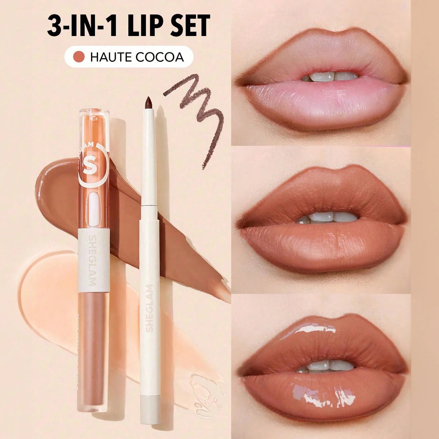 SHEGLAM  طقم محدد شفاه وأحمر شفاه - طقم شفاه Haute Cocoa Lip Set أحمر شفاه لامع يدوم طويلا  احمر شفاه شيجلام  غني بفيتامين E مقاوم للماء والتلطخ 3 فى 1 - Haute Cocoa | SHEGLAM shein أحمر شفا احمر الخدود احمر شفاة ايشادو حاجب حواجب شفاه شفايف شى ان شى كلام