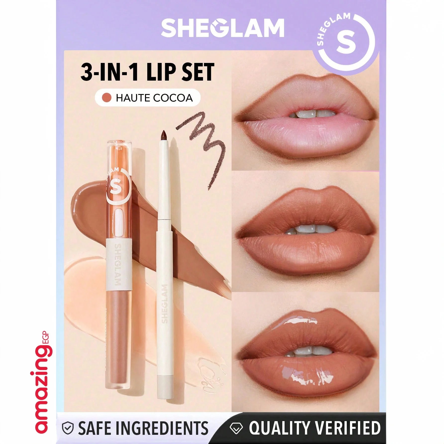 SHEGLAM  طقم محدد شفاه وأحمر شفاه - طقم شفاه Haute Cocoa Lip Set أحمر شفاه لامع يدوم طويلا  احمر شفاه شيجلام  غني بفيتامين E مقاوم للماء والتلطخ 3 فى 1 - Haute Cocoa | SHEGLAM shein أحمر شفا احمر الخدود احمر شفاة ايشادو حاجب حواجب شفاه شفايف شى ان شى كلام