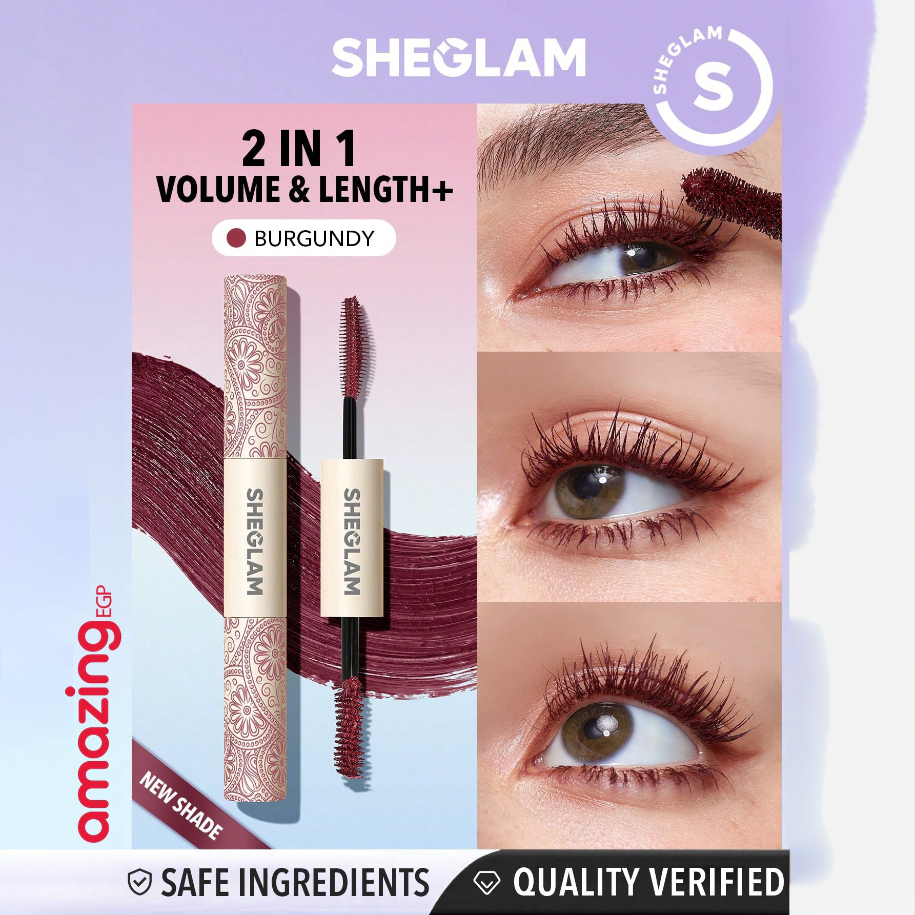 SHEGLAM ماسكارا All-In-One ماسكارا مقاومة للماء بلون برغندي تضيف كثافة وطول للرموش مقاومة للتلطخ والتقشير مثالية للعيد الشتاء السفر والمكياج اليومي- Waterproof Burgundy | SHEGLAM shein الرموش ايشادو رموش شى ان شى كلام ظل عيون فرشاة ماسكارا مستحضرات التجمي