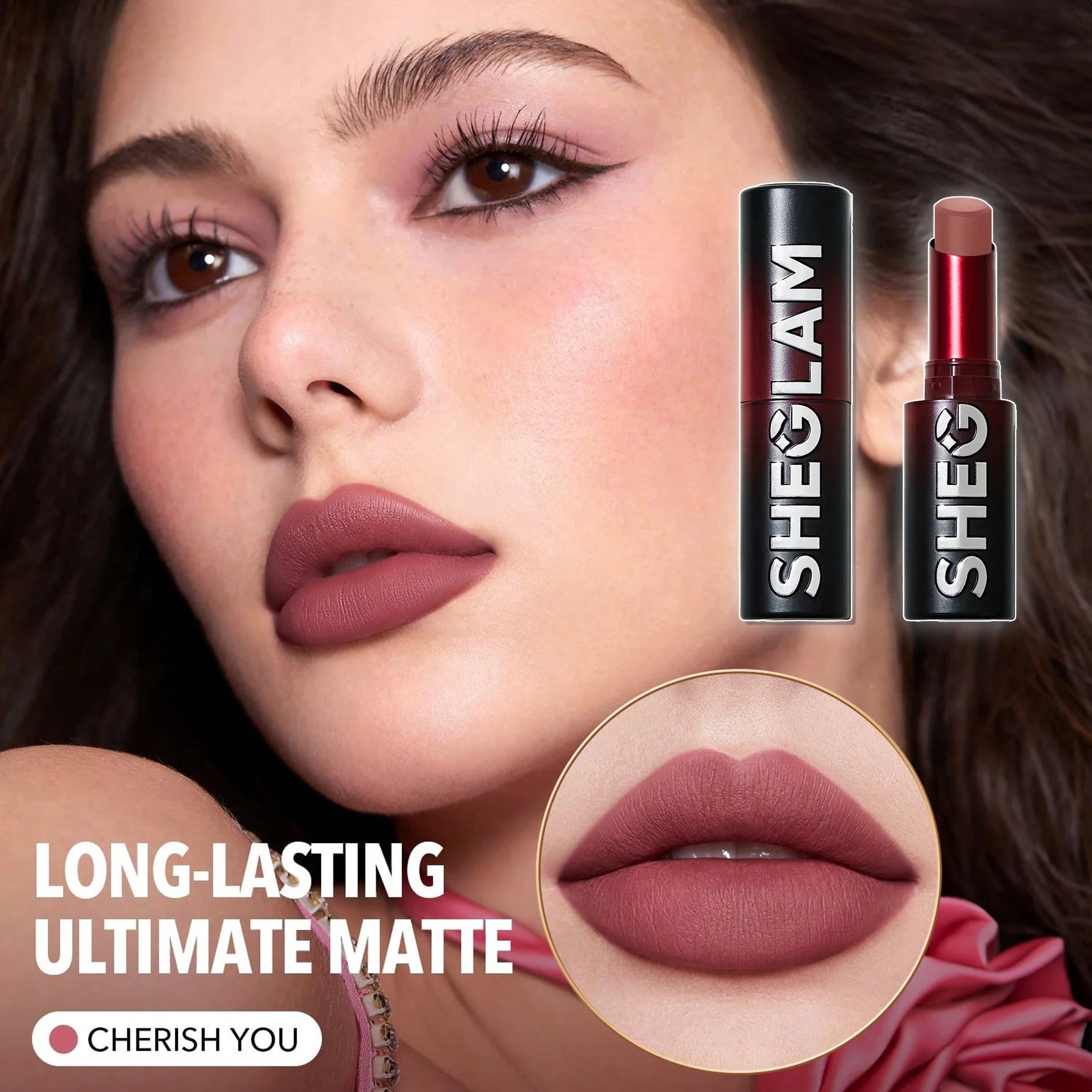SHEGLAM أحمر شفاه غير لامع يدوم طويلا  - إصدار Dynamatte Boom Ember Rose مثالي للحفلات والمناسبات الشتوية والسفر لون وردي عصري يناسب مجموعة -  Cherish You | SHEGLAM shein احمر الخدود احمر شفاة ايشادو حاجب حواجب شفاه شفايف شى ان شى كلام ظل عيون فرشاة مستحض