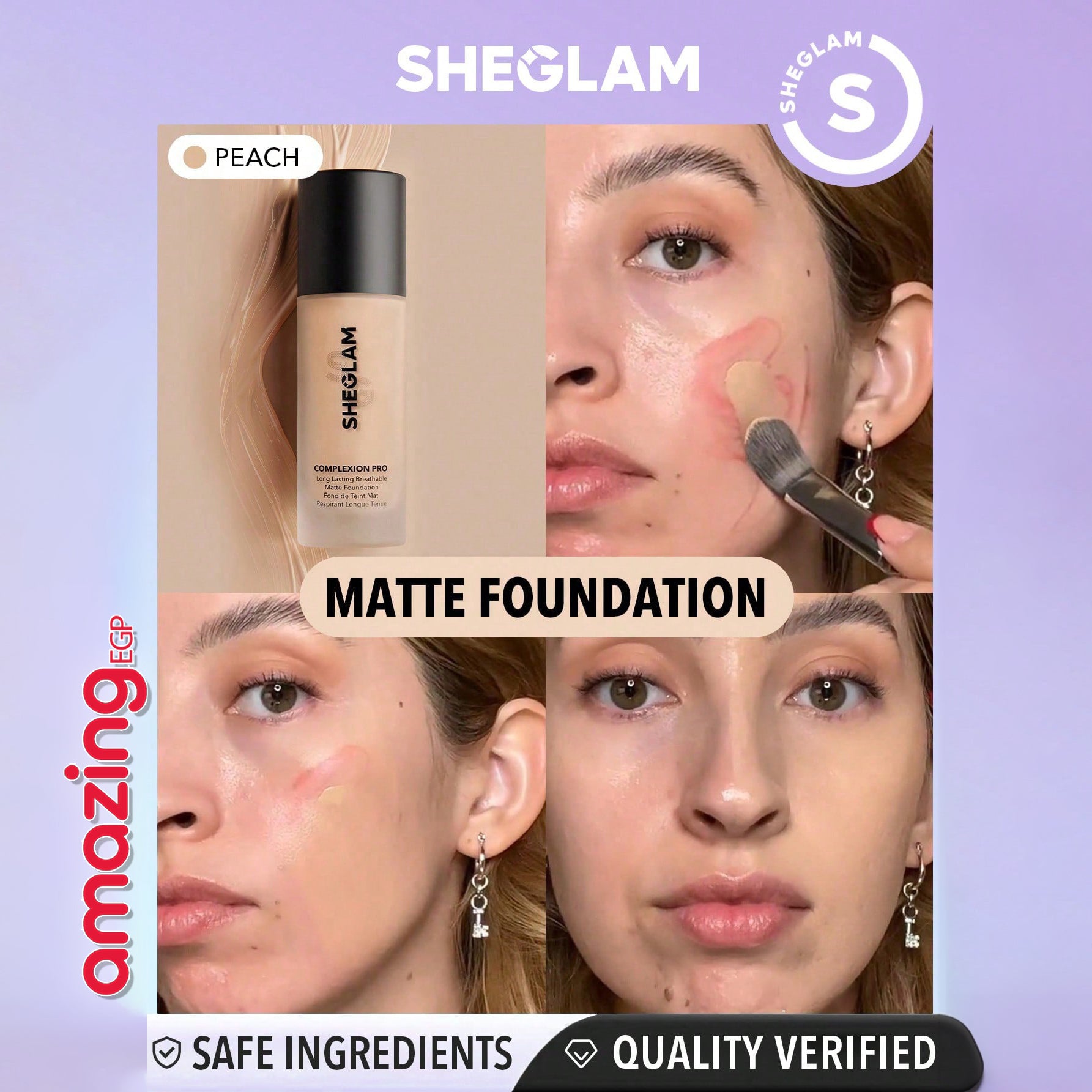 SHEGLAM أساس سائل مات طويل الأمد يتحكم بالزيوت ويخفي المسام مقاوم للماء والعرق خفيف ويدوم طويلا مع حماية من الشمس مناسب للبشرة الفاتحة - PEACH القرنفلي | SHEGLAM shein اساس ايشادو جليتر حاجب حواجب شى ان شى كلام شي ان شي جلام ظل عيون فرشاة كريم الاساس كونت