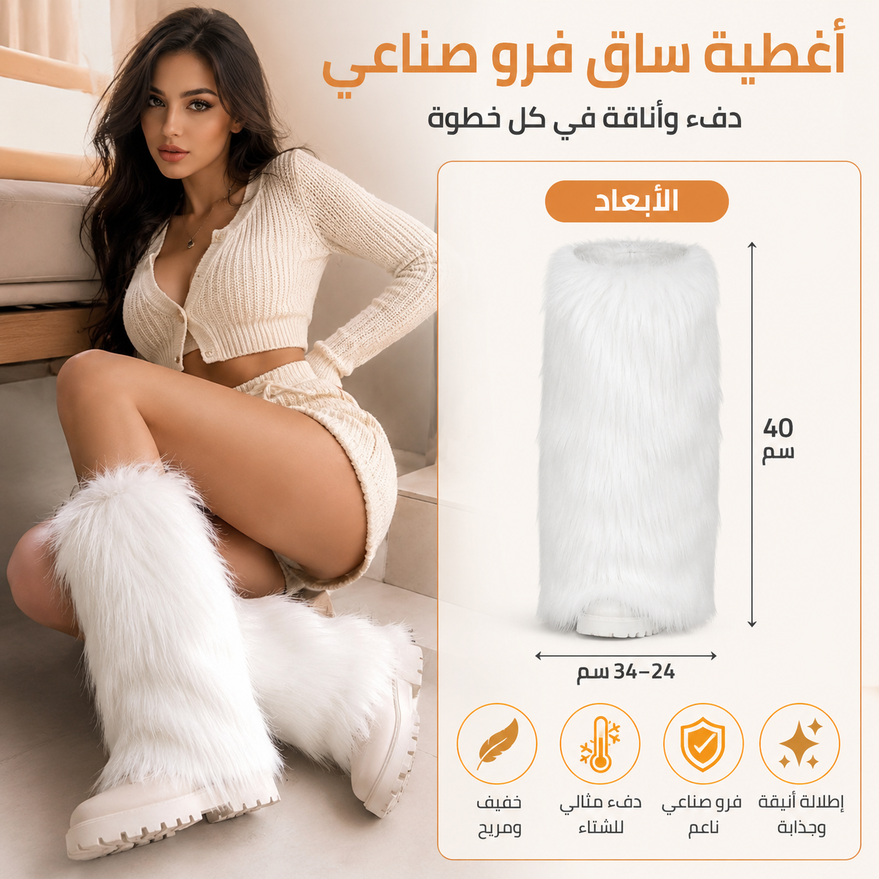 زوج أغطية ساق فرو صناعي طويلة للنساء – Leg Warmers شتوية ناعمة لتدفئة الساق، أغطية أحذية من الفرو الصناعي لإطلالات الشتاء والحفلات – أبيض