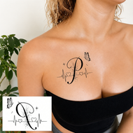 وشم مؤقت مقاوم للماء والعرق بتصميم فراشة وقلب وحروف حرف P – تاتو أنيق بطراز INS للنساء والبنات – يدوم طويلاً | CX-2627