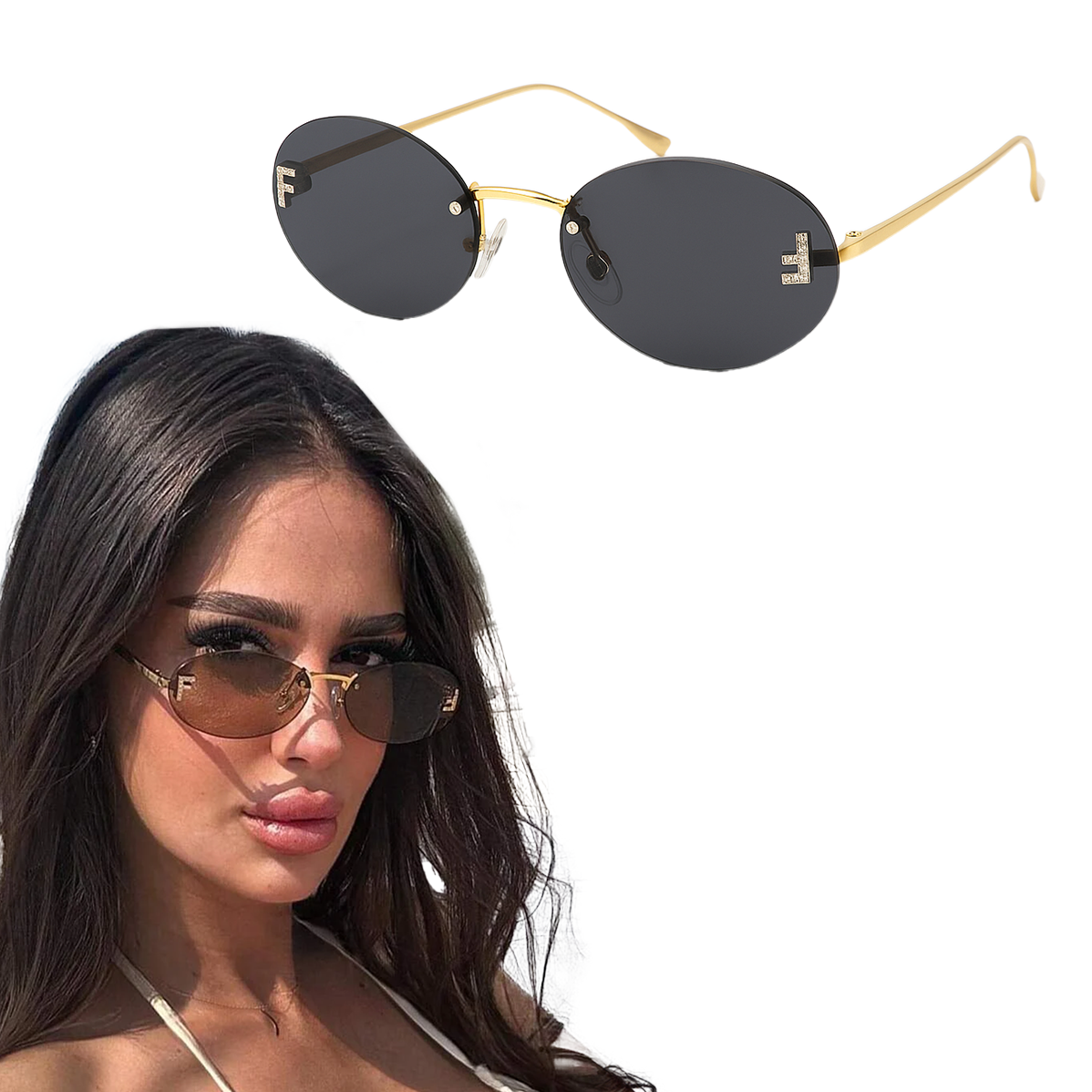 نظارة شمسية نسائية F بدون إطار  نظارات الموضة البيضاوية الصغيرة بدون إطار  إكسسوارات حروف معدنية  – بعدسات داكنة وإطار ذهبي خفيف
