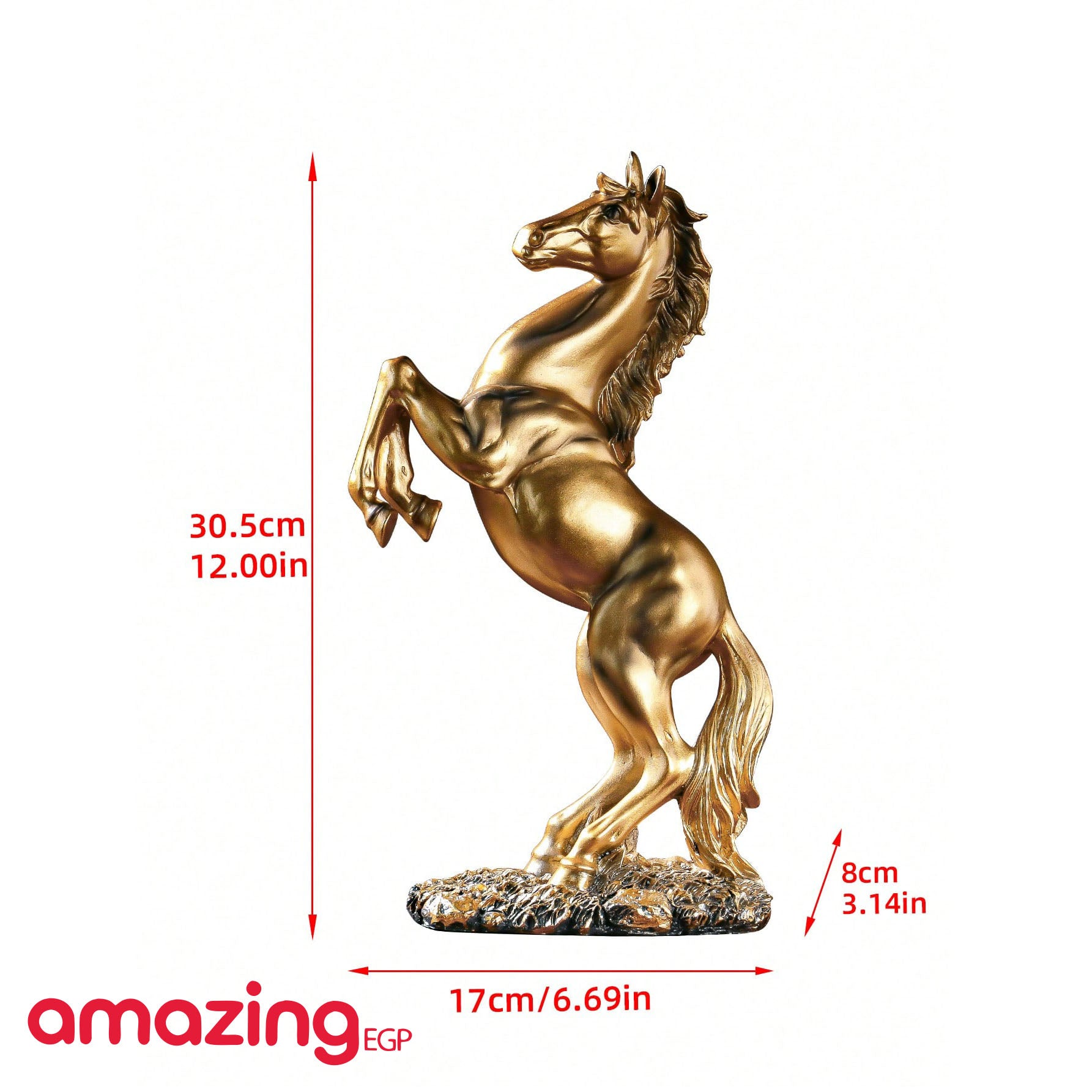 حصان قائم من الراتنج بارتفاع 30.5 سم، تمثال فني على شكل حصان لتزيين المنزل والمكتب ورف الكتب وخزانة  (ذهبي)