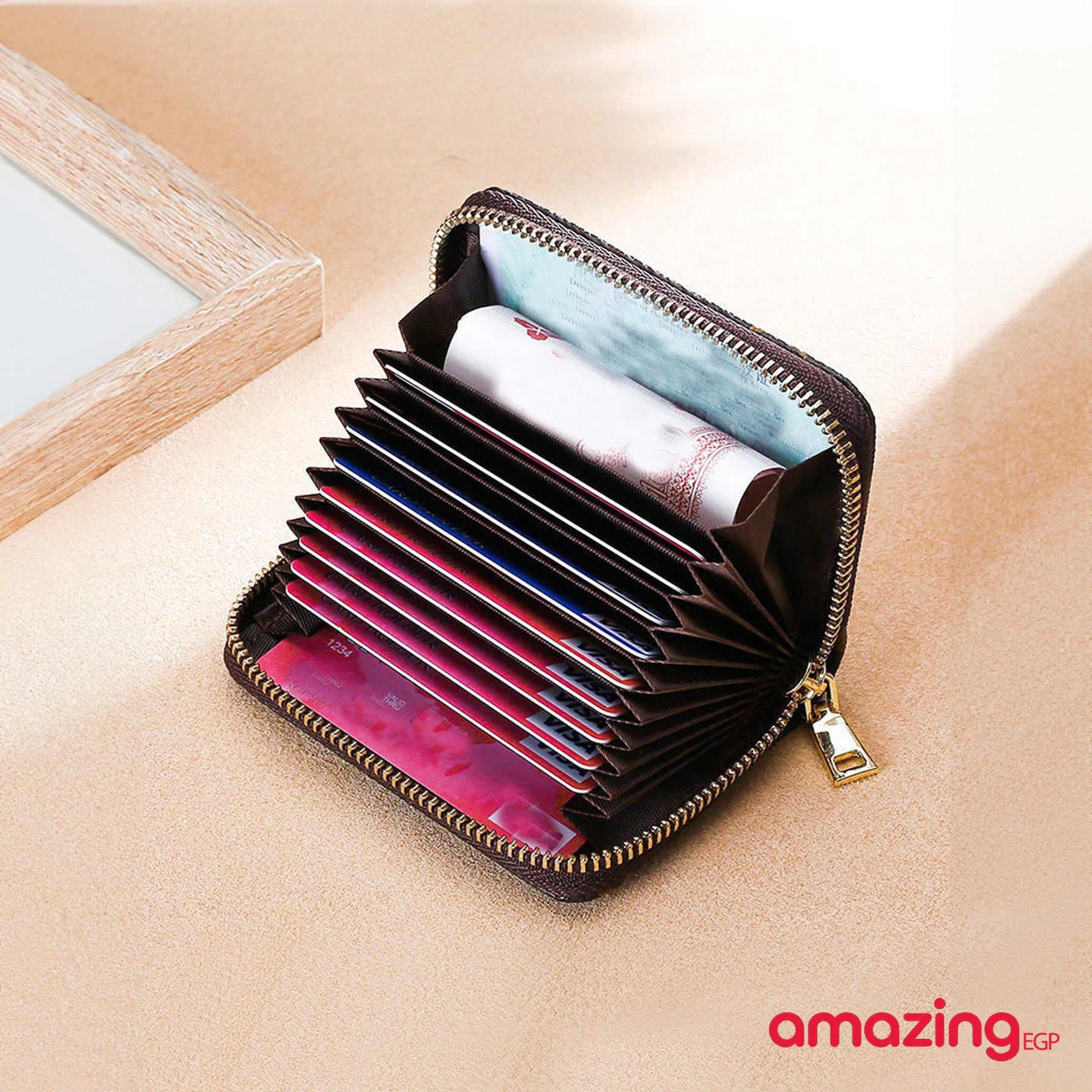 محفظة جلدية لحمل البطاقات والعملات المعدنية ، حقيبة بني مربعات ملونة سستة الأكورديون للنساء والفتيات - بني