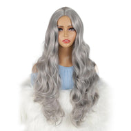 شعر مستعار رمادي مموج للنساء، شعر مستعار صناعي طويل مجعد، جزء متوسط من المنتصف باروكات بمظهر طبيعي [67 سم] (رمادي)