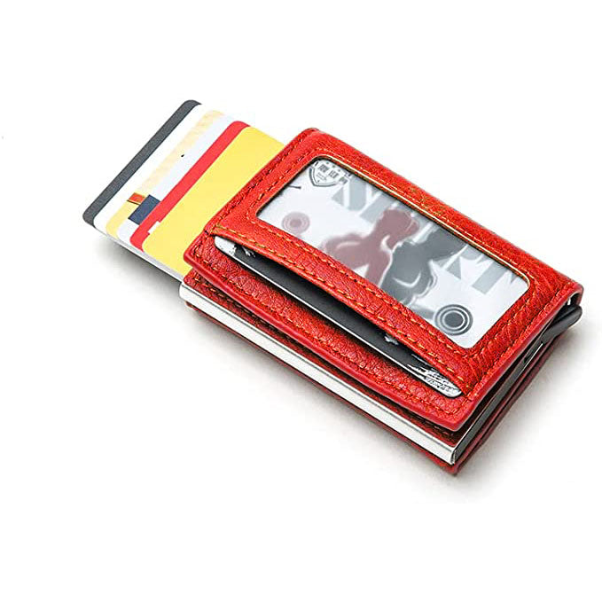 محفظة جلد حامل كروت ومحفظة جلدية مع حامل بطاقات من الالومنيوم مع زر تدرج تلقائي حامل بطاقة - احمر