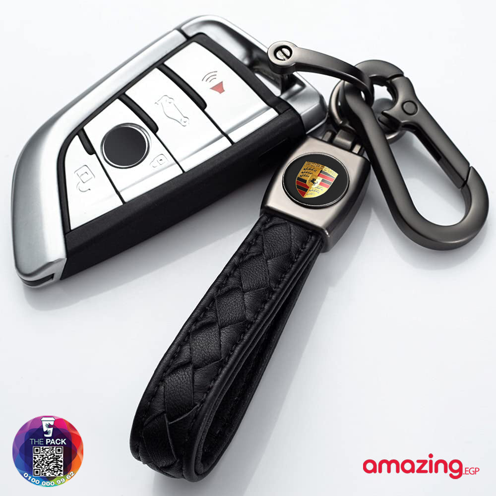 سلسلة مفاتيح للنساء والرجال من الجلد بلوجو سيارة مناسبة لسيارة  ميدالية مفاتيح معدنية مزينة بشعار سيارة مناسبة كهدية (بورشا)