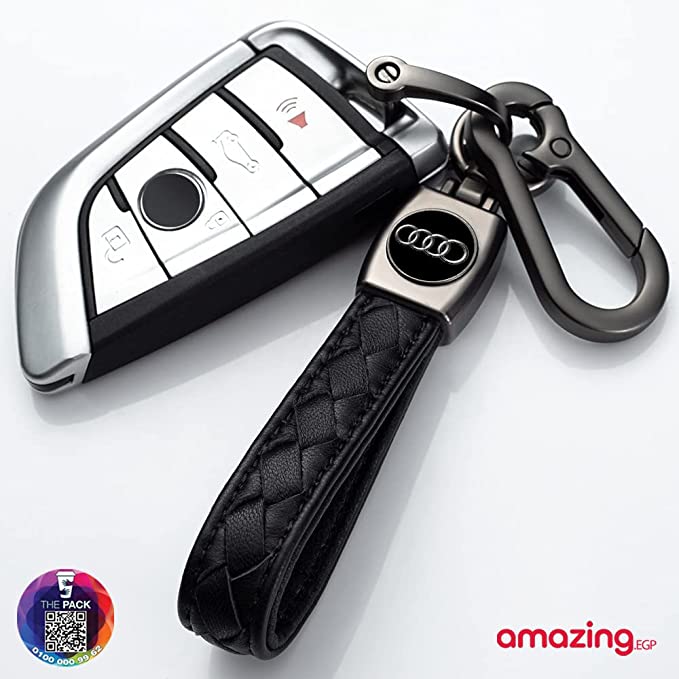 سلسلة مفاتيح من الجلد لسيارة اودي، سلسلة معدنية بحلقات مفاتيح لتزيين اكسسوارات حلقة مفاتيح مع شعار هدية للنساء والرجال (اسود) (اودي)