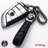 سلسلة مفاتيح معدنية مزينة بشعار سيارة من الجلد الاصلي لسيارة بي ام دبليو بنز للنساء والرجال (اسود)