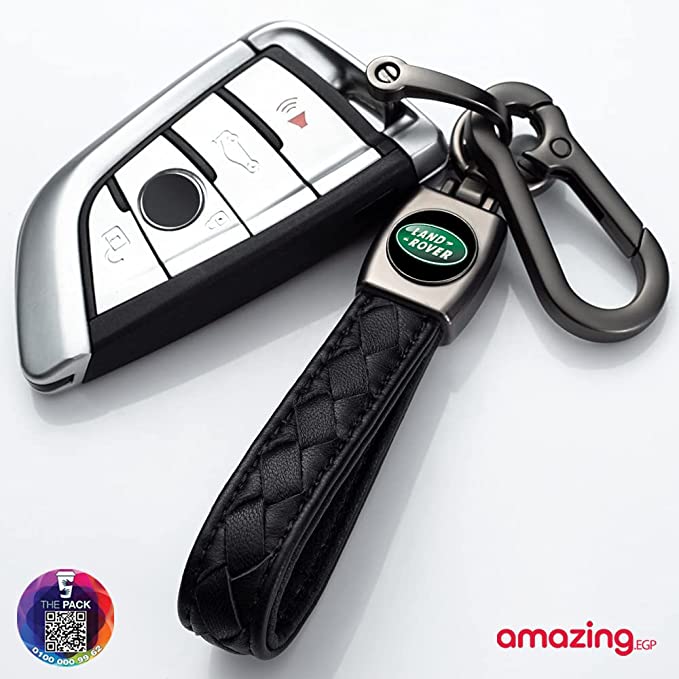 سلسلة مفاتيح معدنية مزينة بشعار سيارة من الجلد الاصلي لسيارة لاند روفر للنساء والرجال (اسود) (لاند روفر)