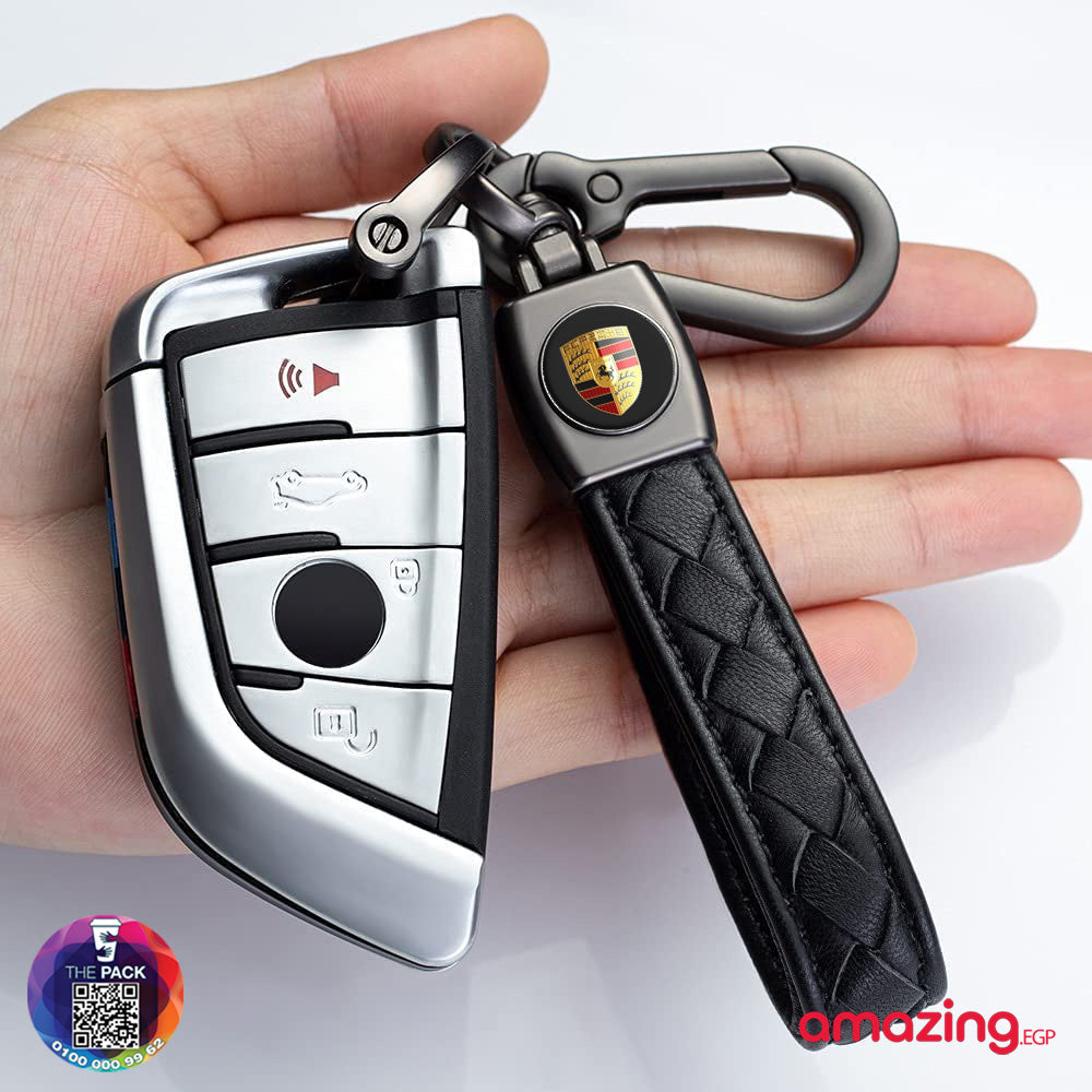 سلسلة مفاتيح للنساء والرجال من الجلد بلوجو سيارة مناسبة لسيارة  ميدالية مفاتيح معدنية مزينة بشعار سيارة مناسبة كهدية (بورشا)